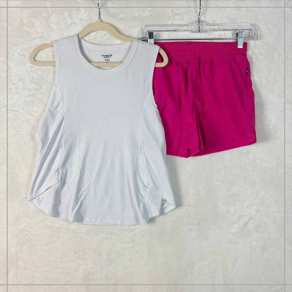 Old Navy Active Tank and Shorts Kids XL‎ 14-16 White Pink Excellent Sporty Set